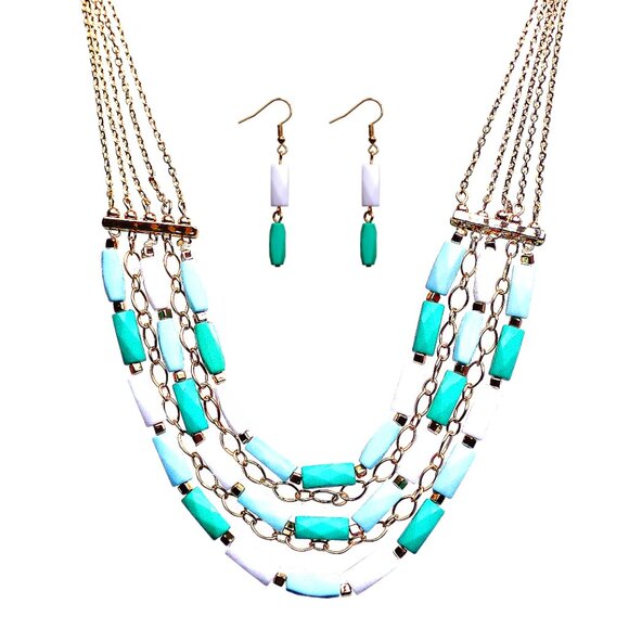 Multi row beaded necklace and earring set with layers of rectangle shap beads - Picture 1 of 9
